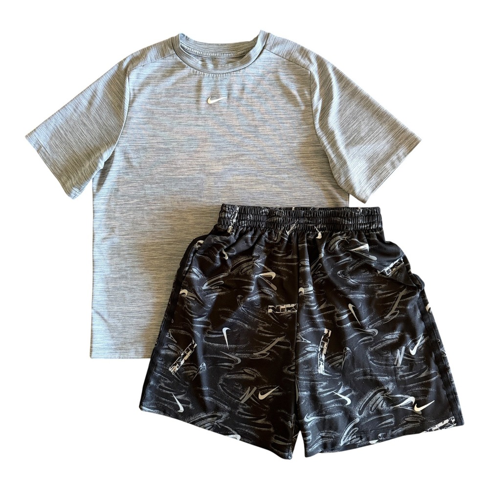 Nike Boys Gray Black Logo Print Dri-FIT Athletic Shirt Shorts Outfit - Youth XL